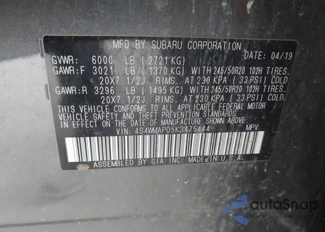 2019 Subaru Ascent Limited from USA, damaged, VIN 4S4WMAPD5K3475444